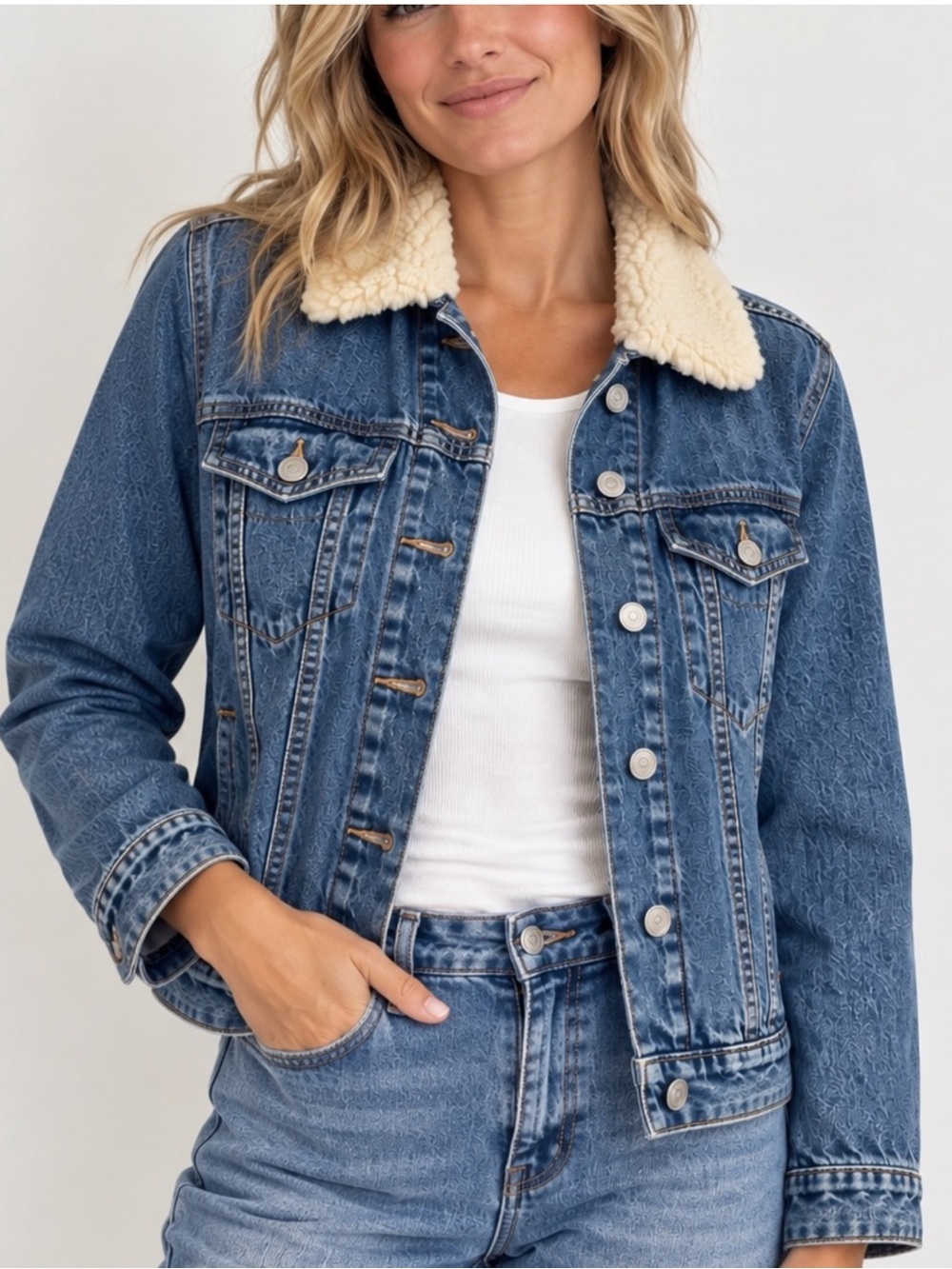 PINK Victoria's Secret Unveil Denim Trucker Jacket Sherpa Collar Size M
